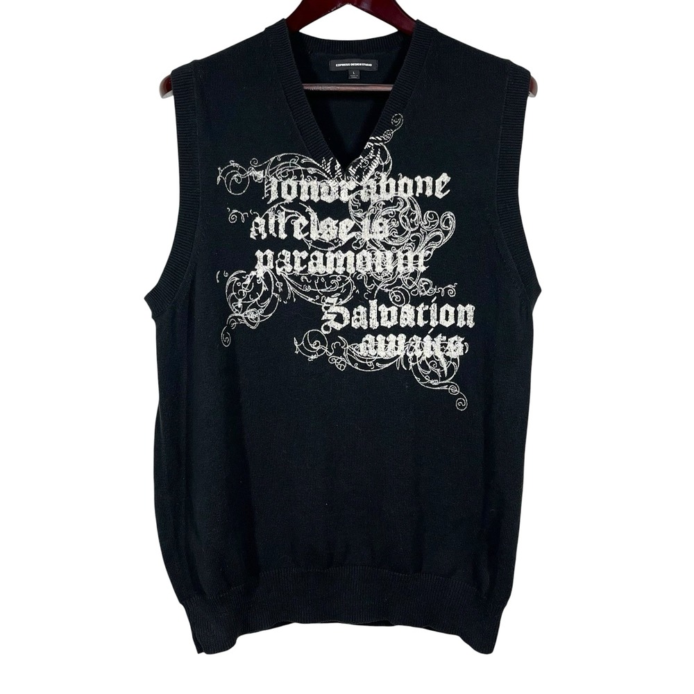 Express Design Studio Sweater Vest Mens L Black V-Neck Gothic Script Print